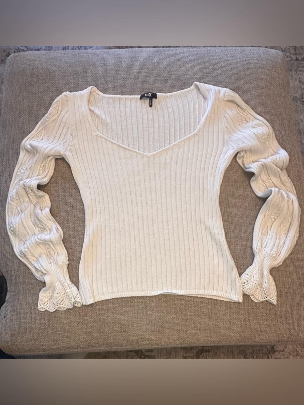 PAIGE Cream Ribbed V-Neck Puff Sleeve Sweater - Picture 2 of 3